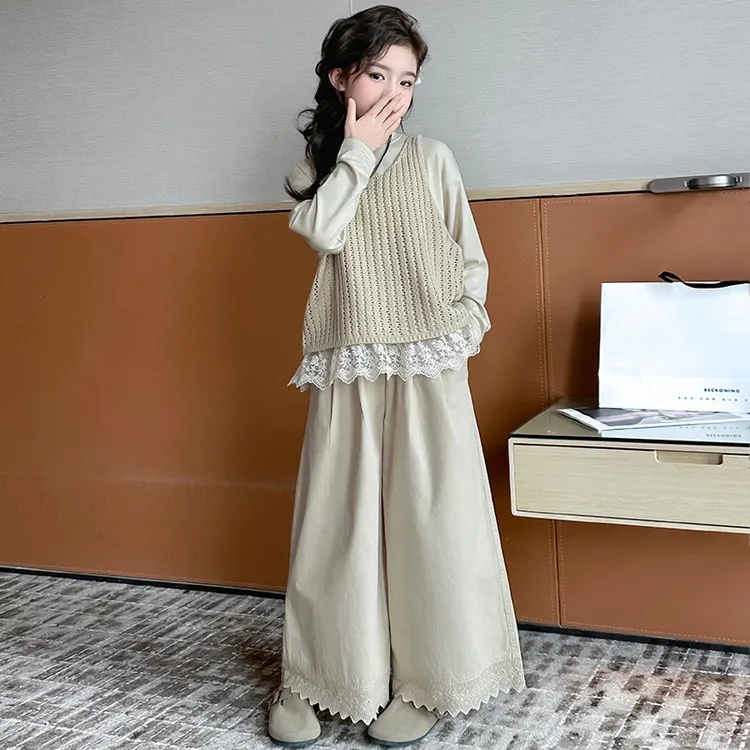 女童针织马甲三件套春季2025新款儿童春装洋气森系女大童套装春秋