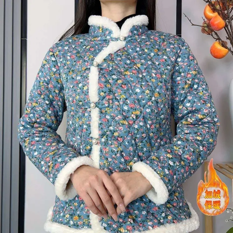 加绒加厚外套休闲服棉袄冬季保暖棉衣碎花新款风中国棉袄网红古风