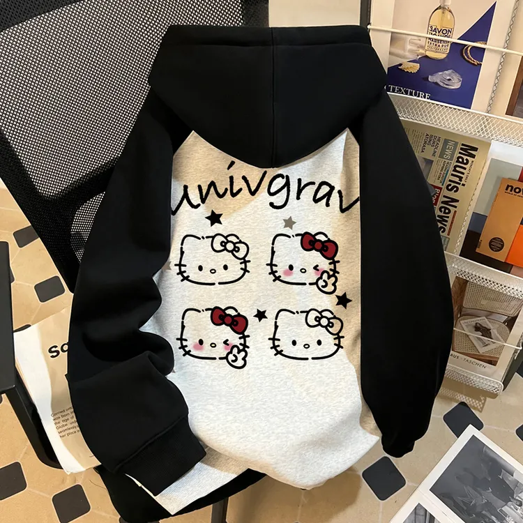 HelloKitty猫女童拉链卫衣外套春秋季甜美学院风女大童连帽衫上衣