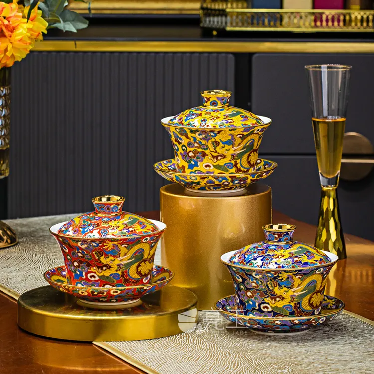 景德镇中式大容量盖碗三炮台大号茶碗功夫茶具喝茶碗珐琅彩龙纹