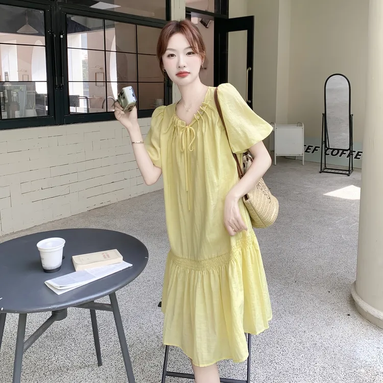 中长裙H型法式夏季拼接连衣裙中长款显瘦长裙宅萌系气质时尚减龄