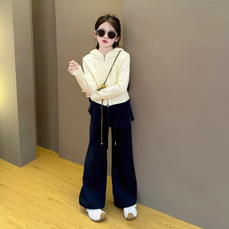 女童2025新款中大童韩版春秋季休闲开衫时尚毛衣阔腿休闲裤套装潮