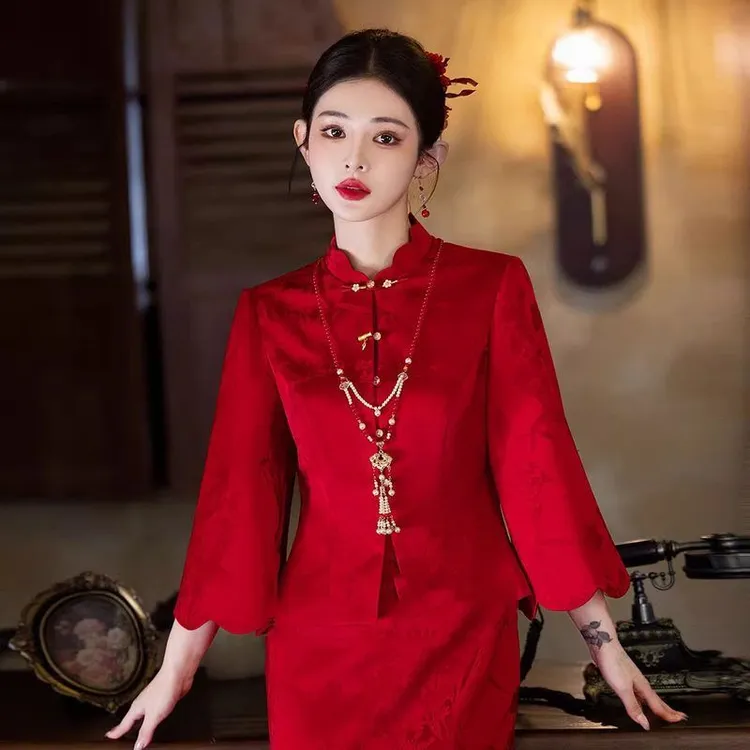 秋冬新款新中式新娘订婚结婚旗袍两件套显瘦气质中国风敬酒礼服