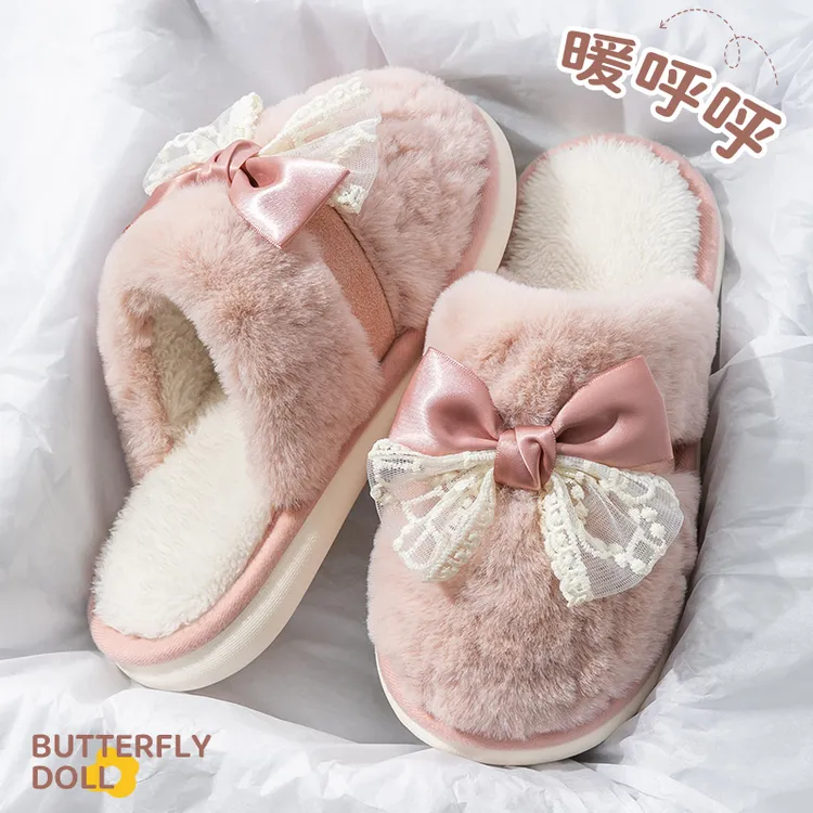 秋冬季棉拖鞋女居家厚底防滑保暖外穿加绒蝴蝶结时尚百搭毛毛拖鞋