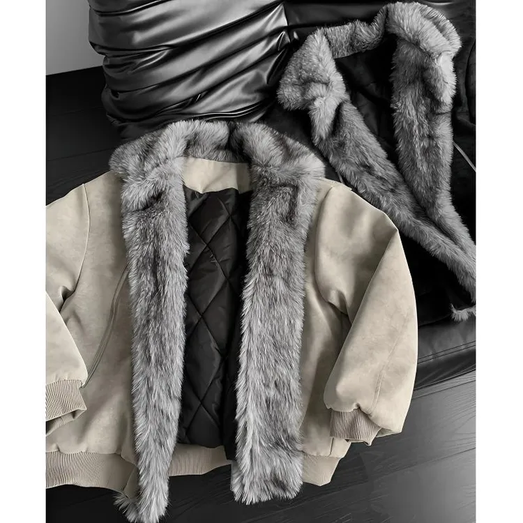 美式复古座山雕毛领棉衣男女情侣装冬季翻领加厚保暖机车皮衣外套