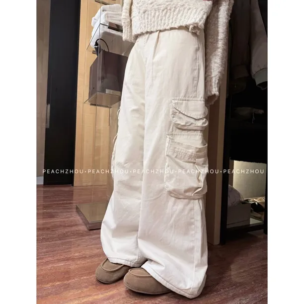 PEACHZHOU 加绒工装立体多口袋宽松直筒休闲裤美式复古中性阔腿裤