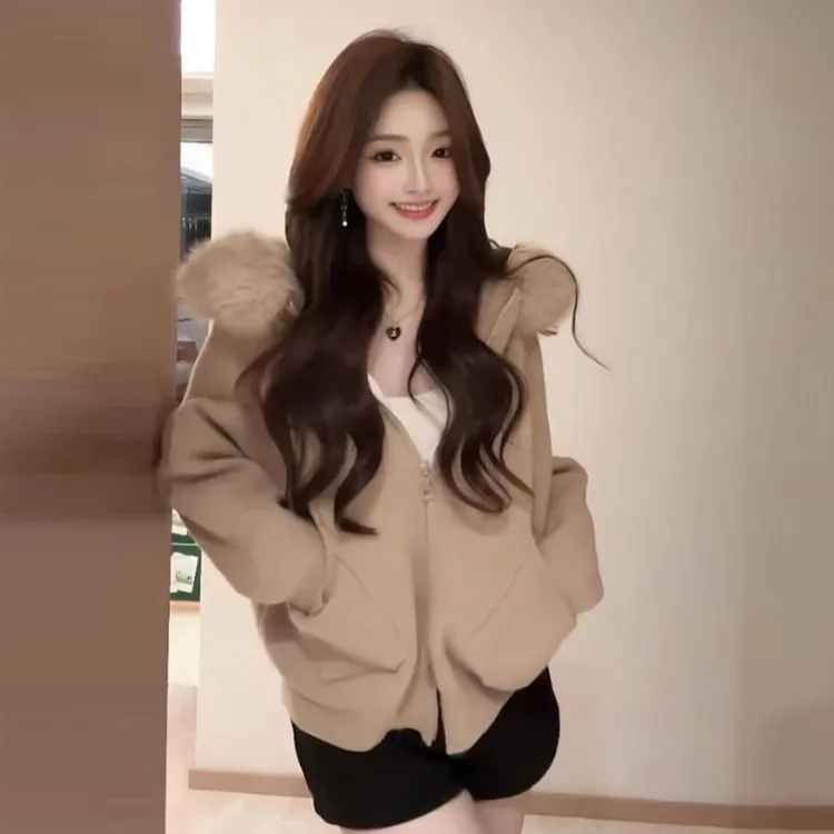 【升级版大毛领】爆款双拉链秋冬宽松新款开衫毛领连帽毛领针织衫新