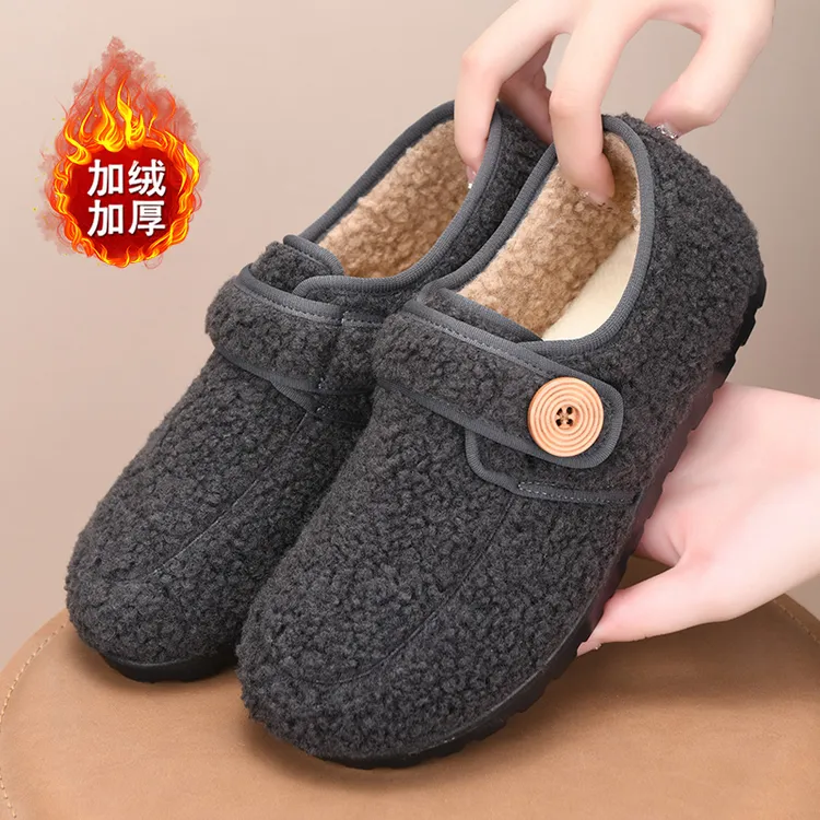 复古加绒平底女棉鞋老北京布鞋可爱圆头博肯鞋毛绒保暖豆豆棉鞋