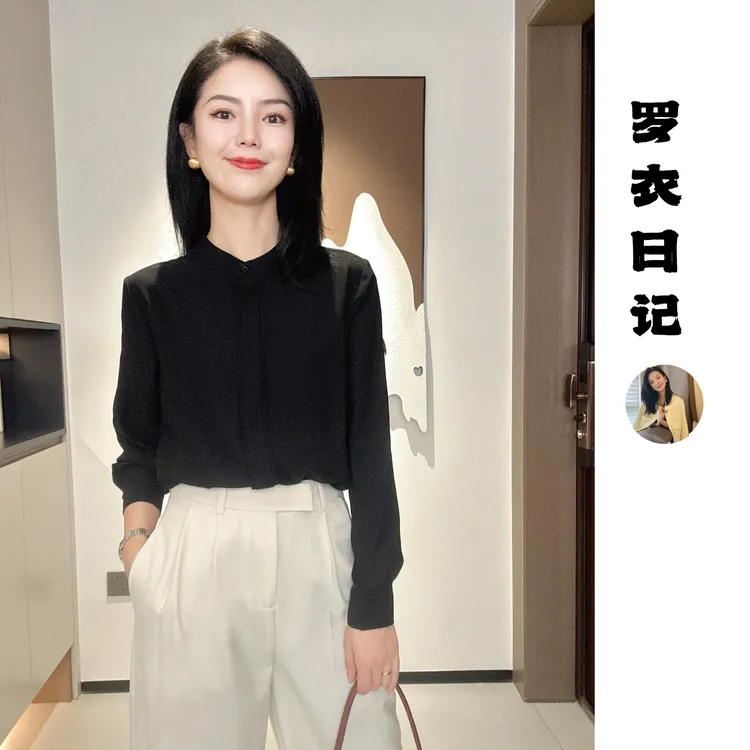 【罗衣日记专属】轻职小圆领女士高档长袖开衫衬衣