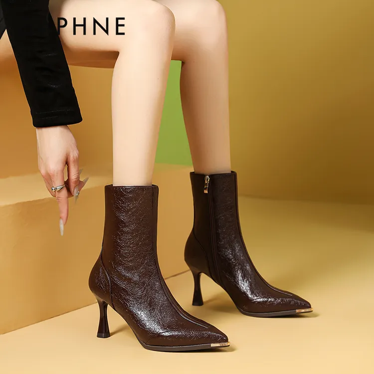 达芙妮棕色高跟短靴女款2025新款爆款洋气性感尖头细跟靴子美拉德