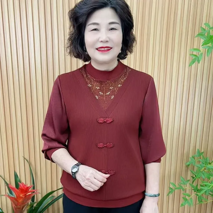圆领国风薄款装饰盘扣中老年女装保暖长袖打底衫洋气V9972
