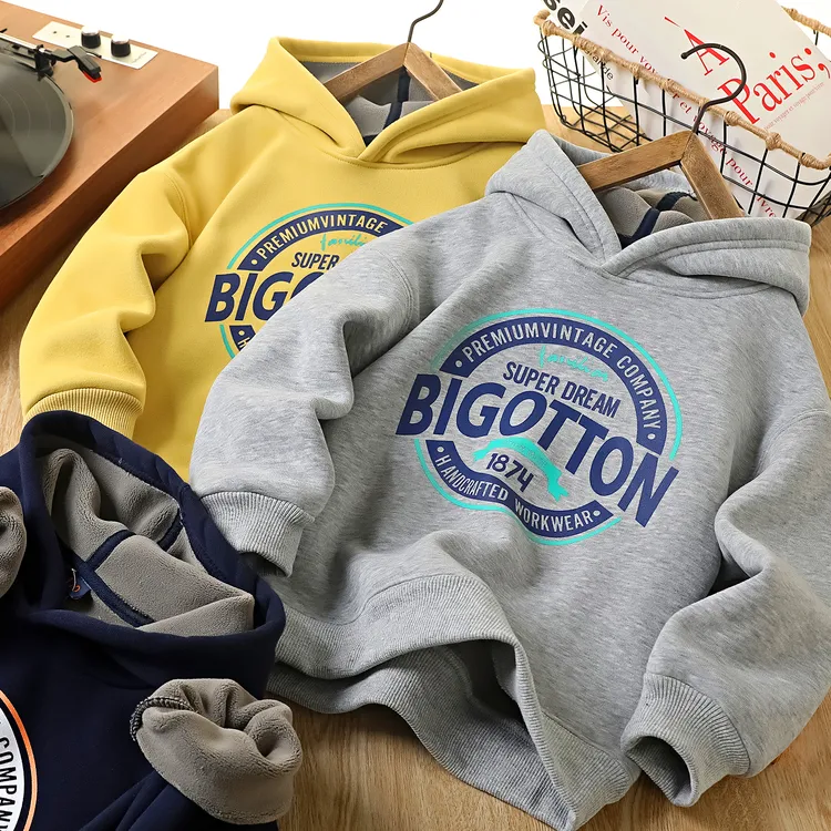 儿童加绒连帽卫衣男童秋冬加厚羊羔绒保暖上衣中大童休闲套头衫潮