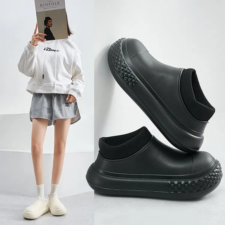 汐鲤一脚蹬厨师鞋加绒男士防滑厨房鞋浅口防水鞋胶鞋低帮女款雨鞋