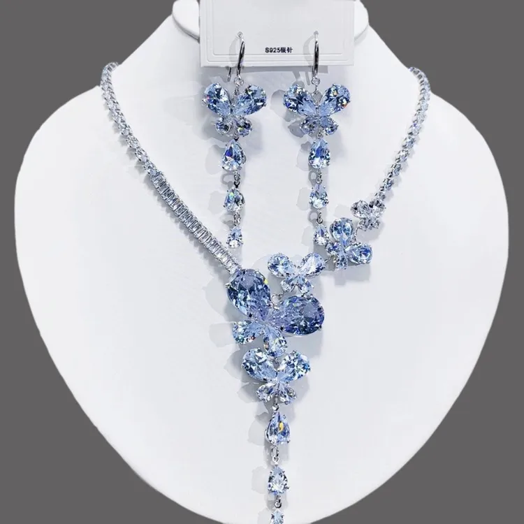 铜合金大理石项链 铜合金合成锆石蝴蝶流苏气质锁骨链适合婚纱