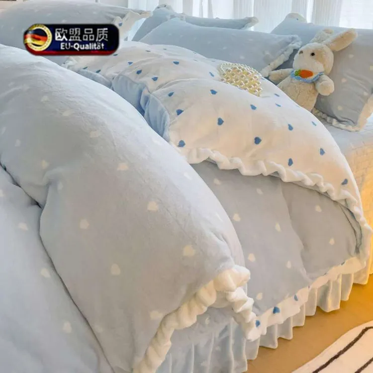 冬季牛奶绒花边床盖四件套双面加厚法兰绒被套加绒床单珊瑚绒床品