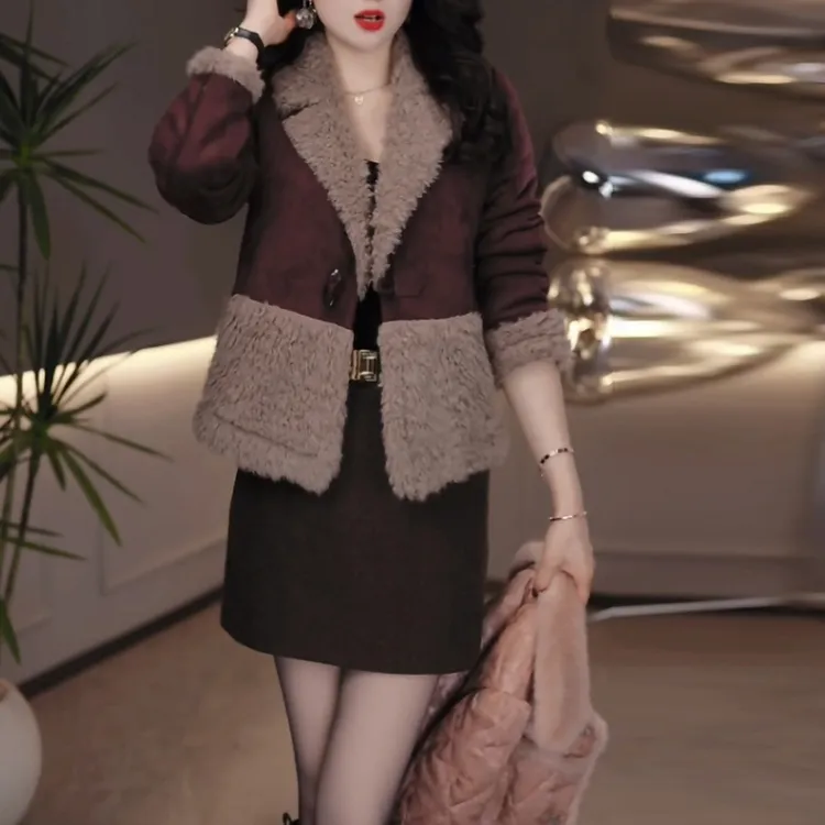 麂皮绒加绒加厚短款外套2025冬季新款时尚修身轻奢显瘦小个子上衣