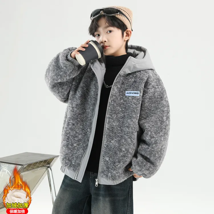 男童加绒外套冬装2025新款中大男孩加厚毛毛衣儿童保暖羊羔绒棉袄