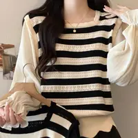 589 御姐风长袖拼接针织毛针织衫女装条纹晕染日奢风