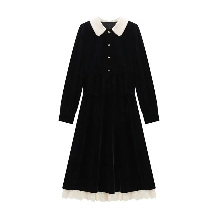 鹿向南「永夜契约」法式赫本风长袖连衣裙女秋冬拼接蕾丝黑色长裙