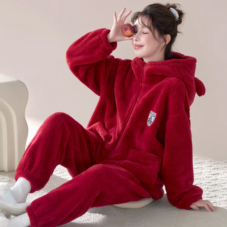 【锁温保暖】雪花绒可外穿家居服秋冬季连帽法兰绒宽松休闲睡衣女