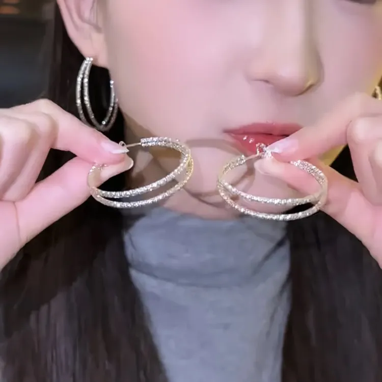 双层银色碎冰冰大耳圈耳环2025新款爆款高级感百搭耳饰女
