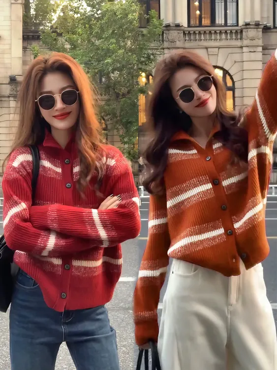 冬季女简约拼色立领开衫厚实毛衣外套宽松显瘦百搭针织衫条纹拼色