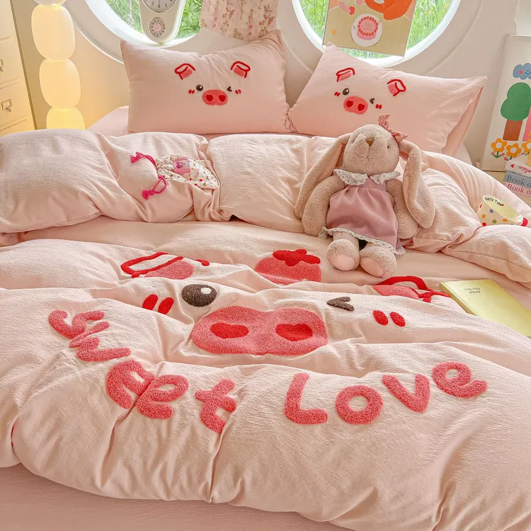 木棉皱皱纱毛巾绣四件套床上用品夏季被套床单三件套家用双人被罩