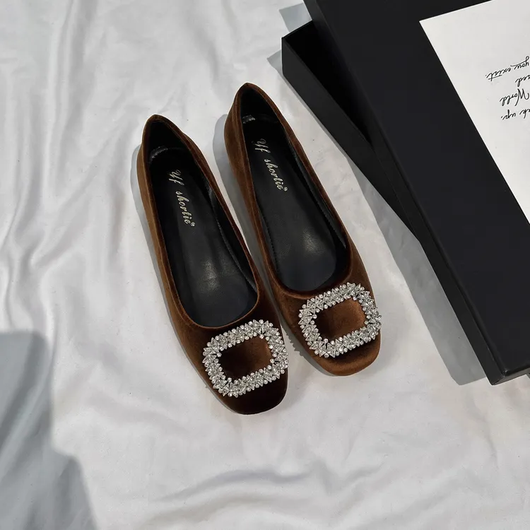 内增高平底鞋方头浅口百搭时尚水钻方扣单鞋气质绒面休闲通勤女鞋