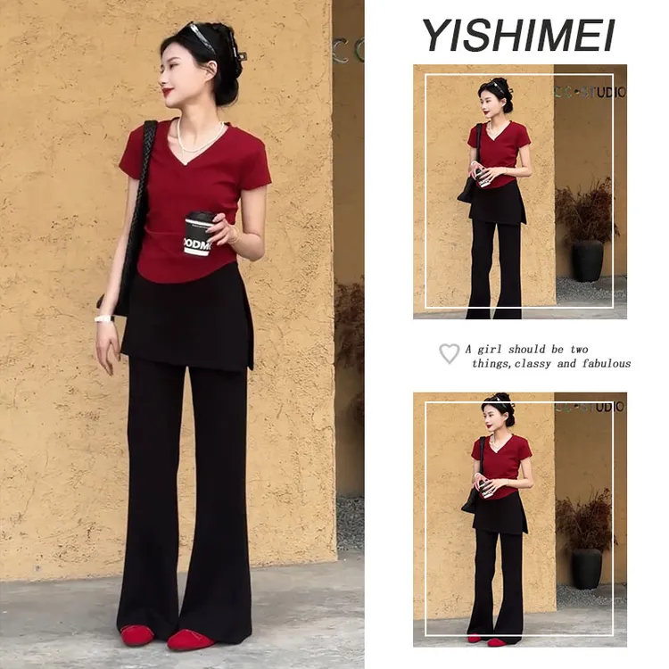 2025夏季穿搭一整套女新款韩版时尚减龄V领T恤修身通勤裤子两件套