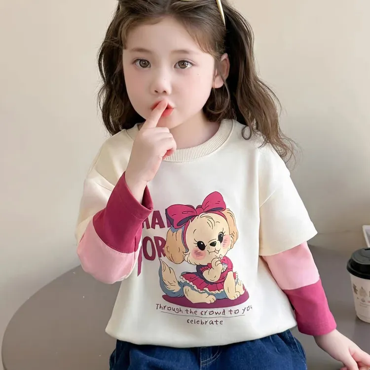女童长袖春秋季2025新款儿童秋装上衣女宝宝洋气时髦假两件t恤