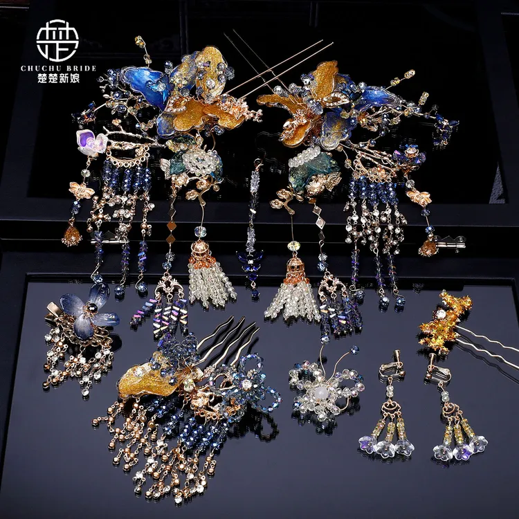 秀禾新娘头饰金蓝撞色水凝花朵蝴蝶发簪高级感中式龙凤褂造型发饰