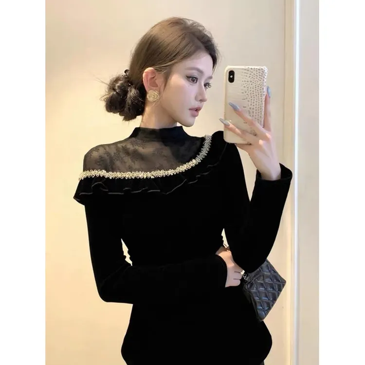 绝美漂亮网纱拼接丝绒T恤打底衫女士时髦洋气秋冬内搭可外穿上衣