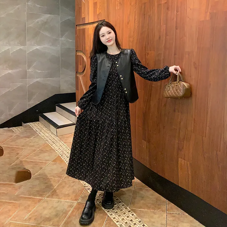 大码女装韩系复古法式碎花减龄显瘦长袖连衣裙皮马甲外套两件