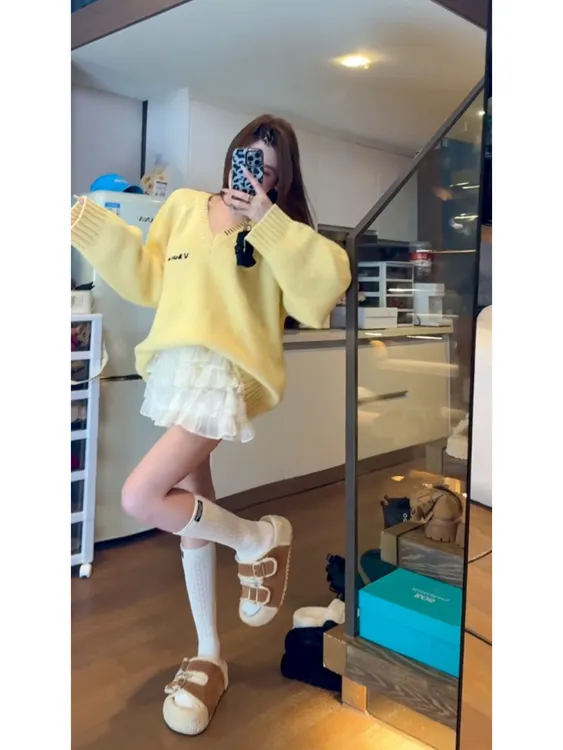 韩系慵懒风气质感黄色针织衫毛衣女2025秋冬新款爆款宽松百搭上衣
