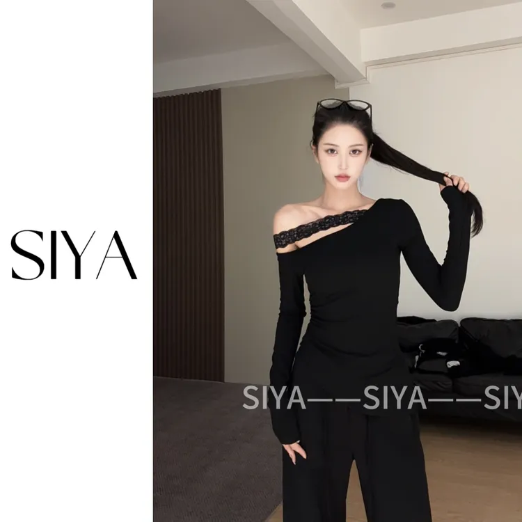 【SIYA】辣妹风斜肩一字领蕾丝拼接长袖T恤女秋季性感修身显瘦上衣