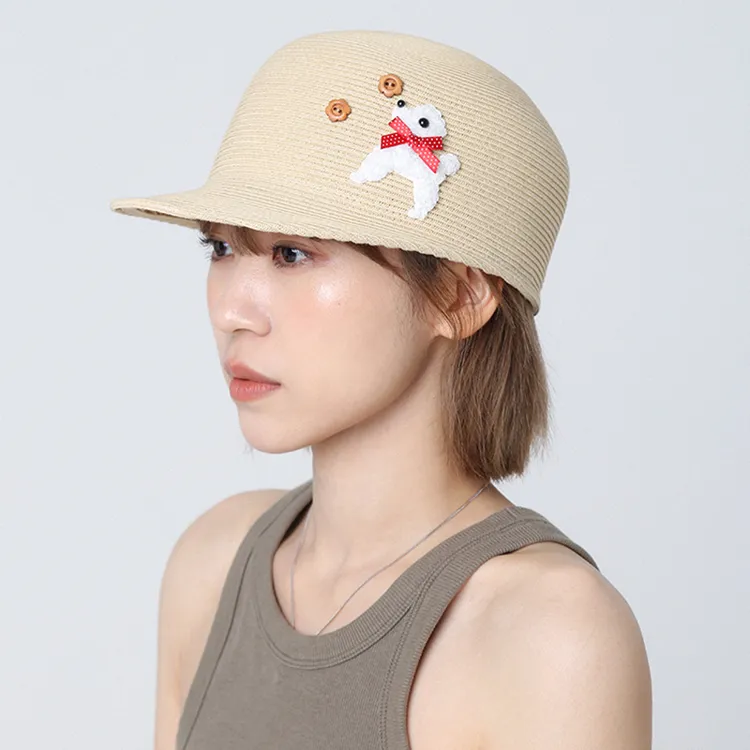 短檐可爱卡通小狗帽子女夏季编织仿草帽马术帽遮阳防晒百搭鸭舌帽