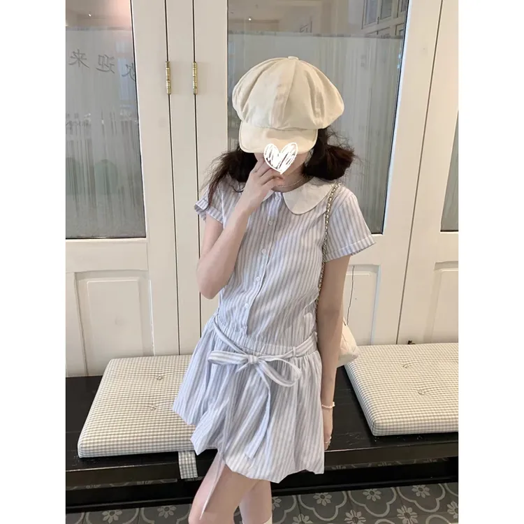FRVXO飞行日记娃娃领条纹花苞连衣裙减龄短袖学院风系带短裙女