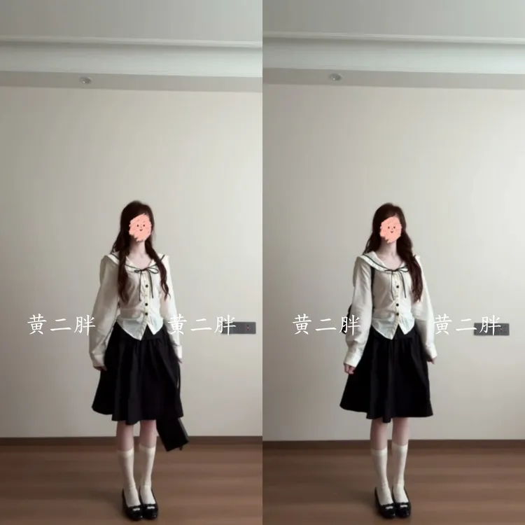 海军领不规则长袖衬衫女秋季新款韩系设计感修身显瘦衬衣+半身裙