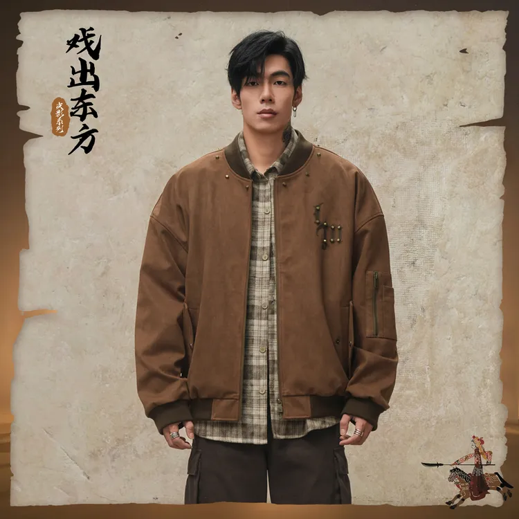 鹿家门秋季复古美式飞行员外套夹克重磅宽松户外大码男工装棒球服