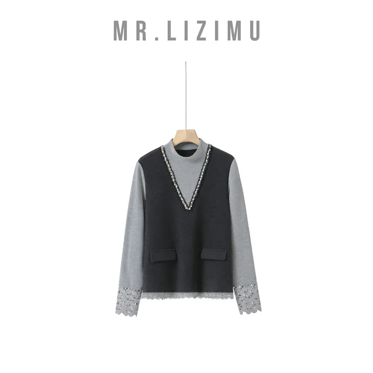 李子木先生设计感钉珠领口假两件半高领时尚百搭卫衣2025秋冬新款