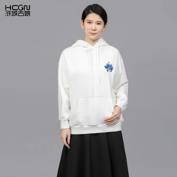 浒城古娘棉质精致印花连帽减龄休闲舒适宽松女梦华卫衣DMT18957