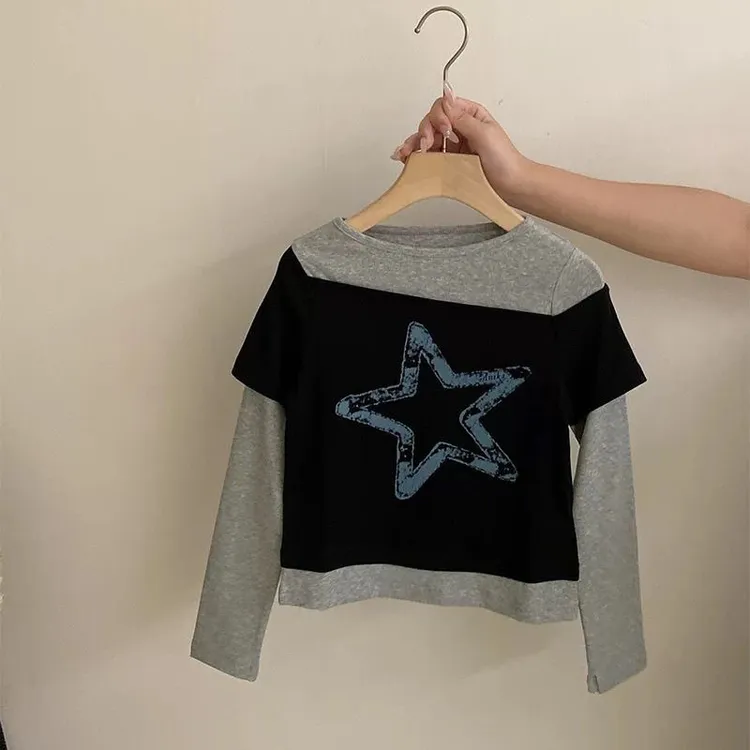 女童长袖T恤2025新款儿童洋气斜肩星星印花上衣t恤假两件衣服潮