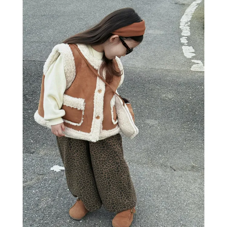 女童套装带包马甲韩系女宝洋气加绒背心坎肩冬季休闲豹纹裤套装