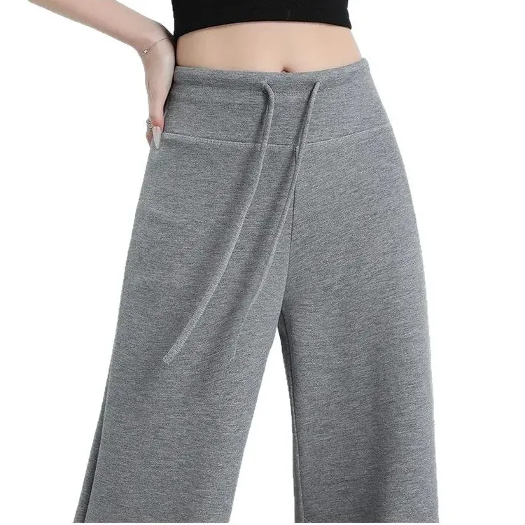 韩版慵懒风灰色卫裤女装春夏设计感抽绳阔腿休闲裤直筒喇叭裤长裤