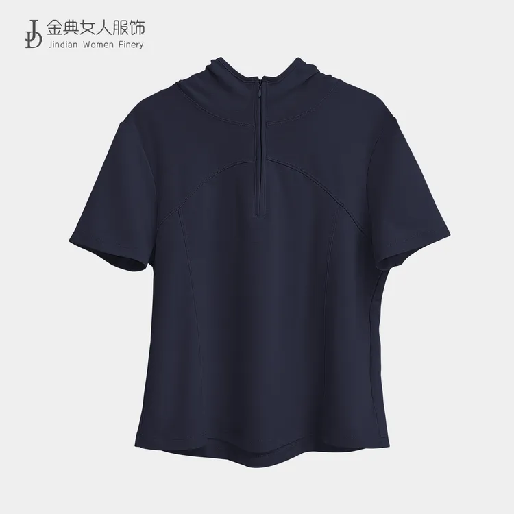 春季新款半拉链纯色短袖连帽上衣 中年妈妈百搭时尚卫衣5680