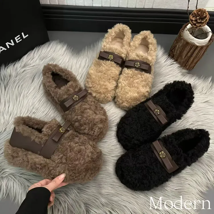厚底山茶花蝴蝶结加绒毛毛鞋女外穿2025秋冬新增高精致百搭棉鞋