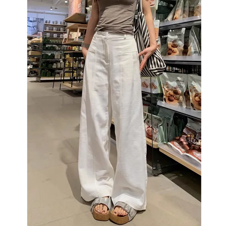 白色苎麻阔腿裤女夏季2025新款小个子宽松显瘦垂感休闲直筒西装裤