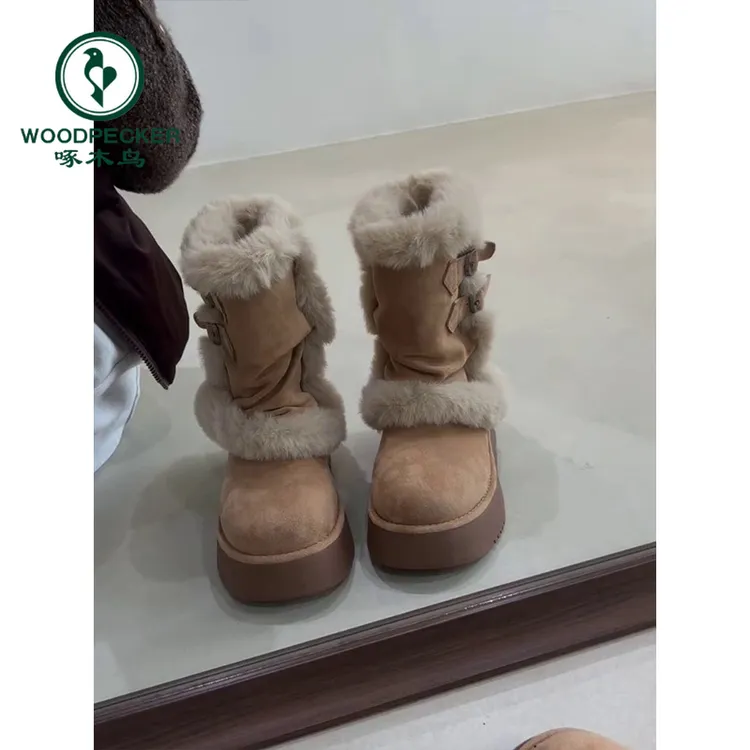 啄木鸟厚底毛毛雪地靴女2025冬新款加绒加厚保暖短靴百搭东北棉鞋