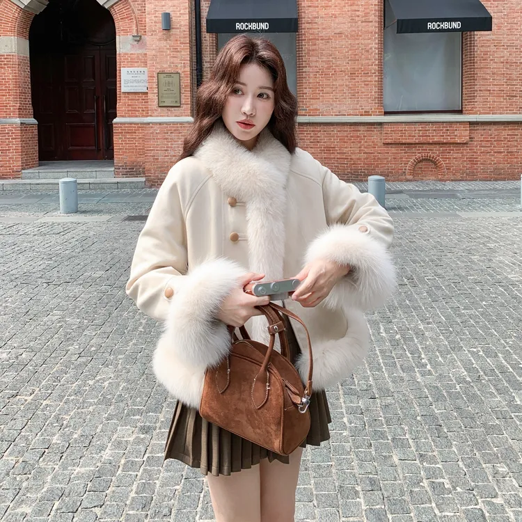 国风感毛领拼接羽绒服韩版女冬季2025新款白鸭绒内胆加厚保暖外套