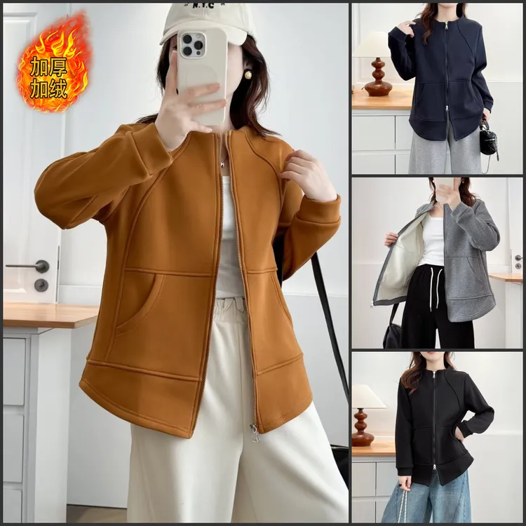 大码胖mm冬季新款百搭宽松休闲双拉链加绒外套女纯色减龄上衣2508